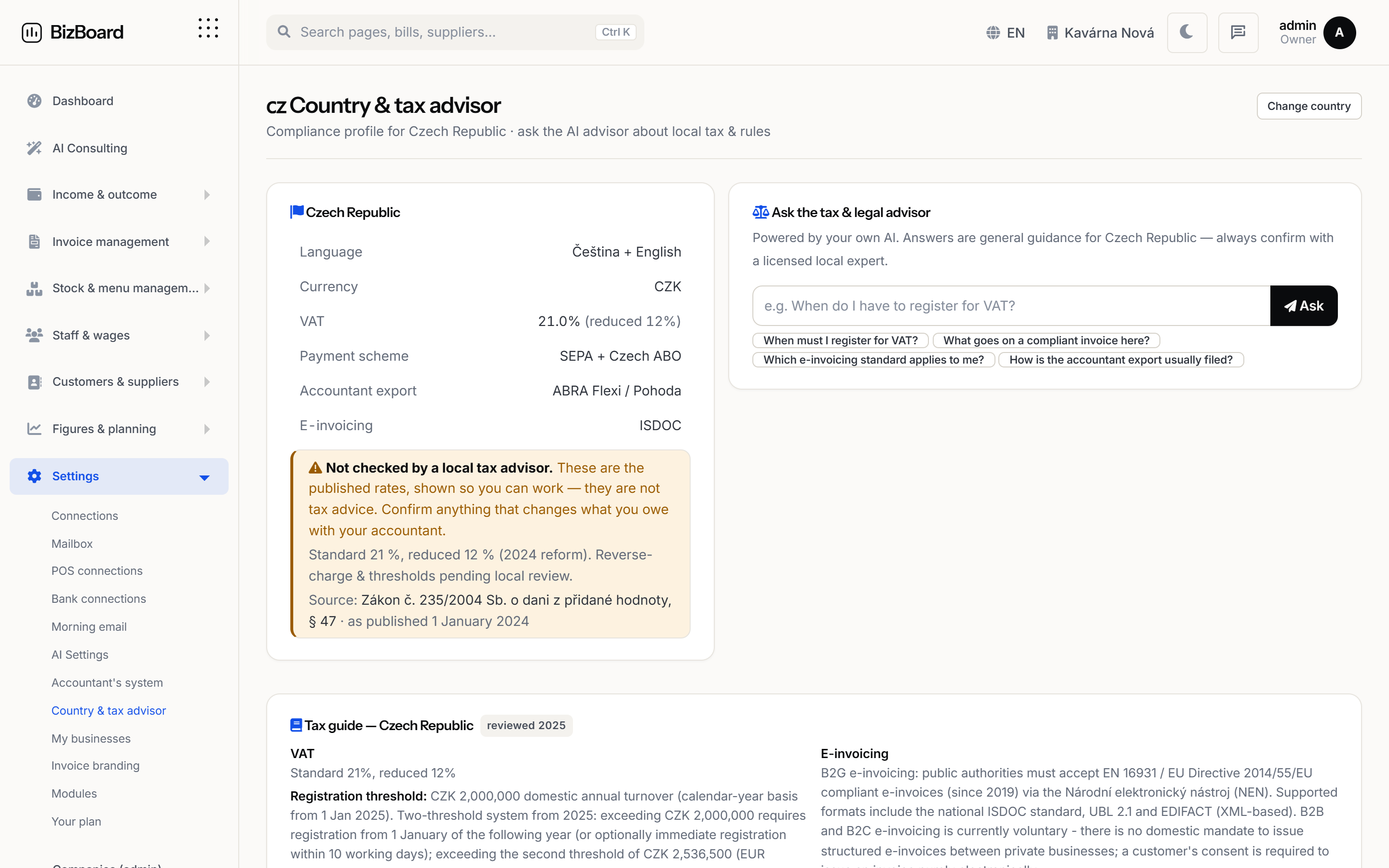 Country and tax settings in BizBoard